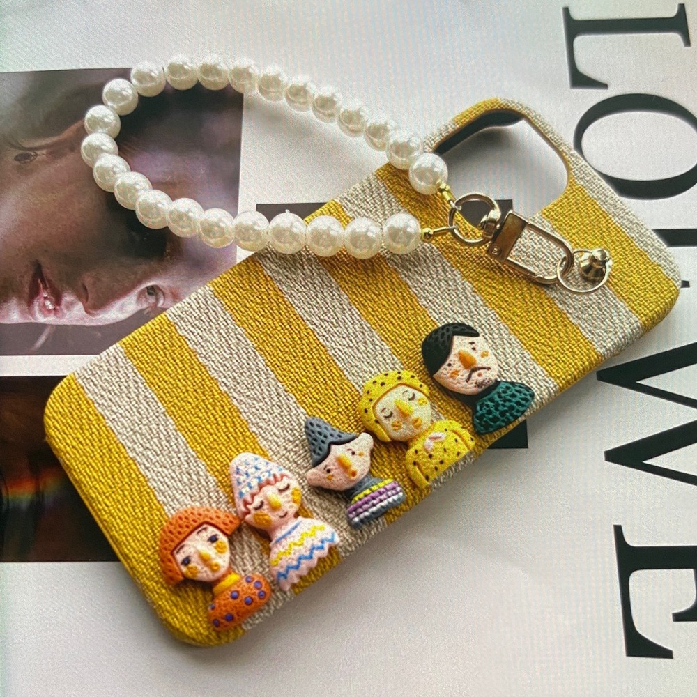Pearl-Handle Yellow Striped Phone Case with Decorative Charms
